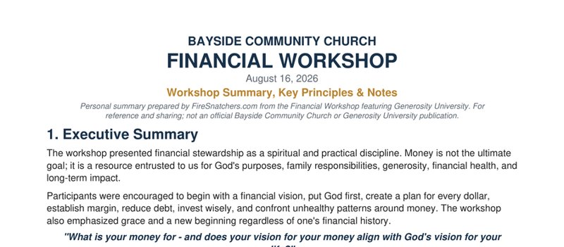 The first page of FireSnatchers’ Financial Workshop summary, a free downloadable resource